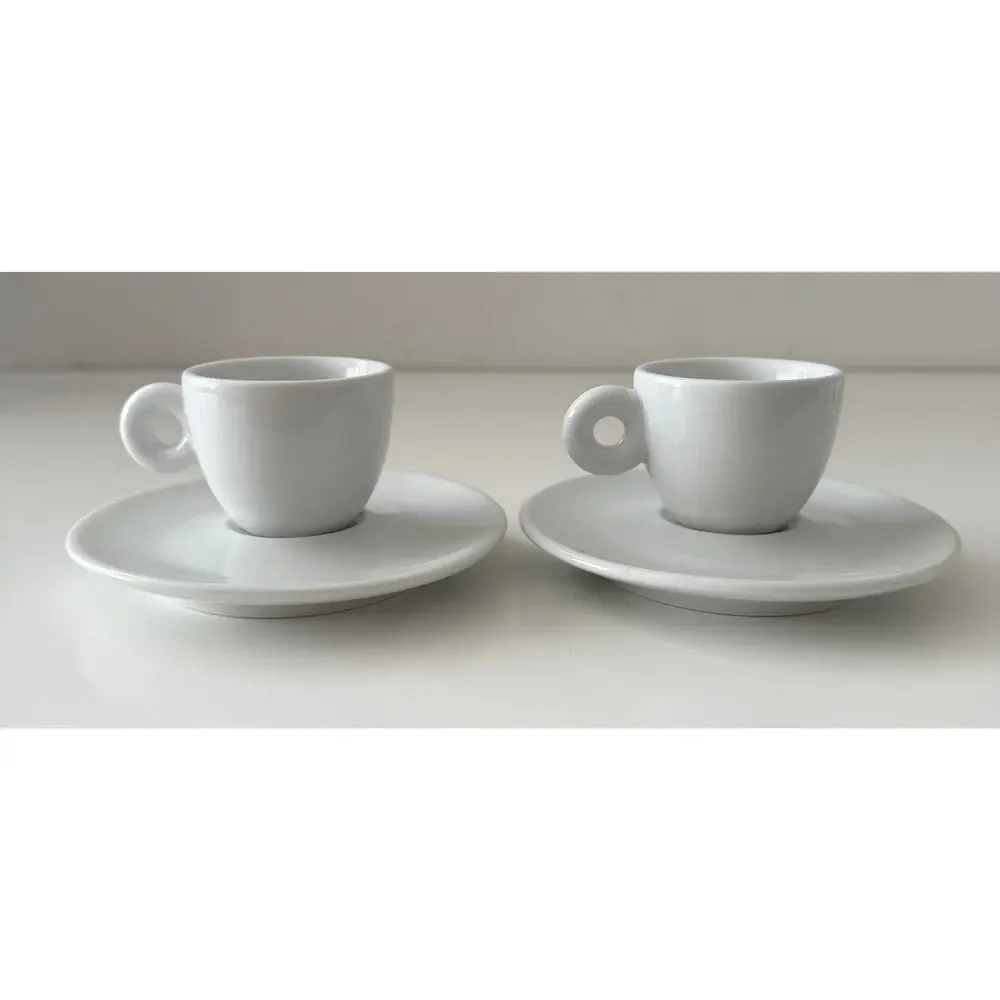 Illy Espresso Cups Saucers Set of 2 Portugal Porcelain Logo Spal Donut Handles